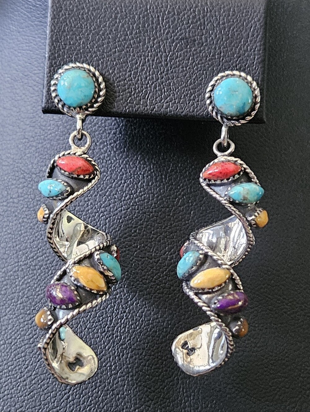Santa Fe Style Kingman Turquoise & Multi gems Earrings 925 SilverTwisted drop